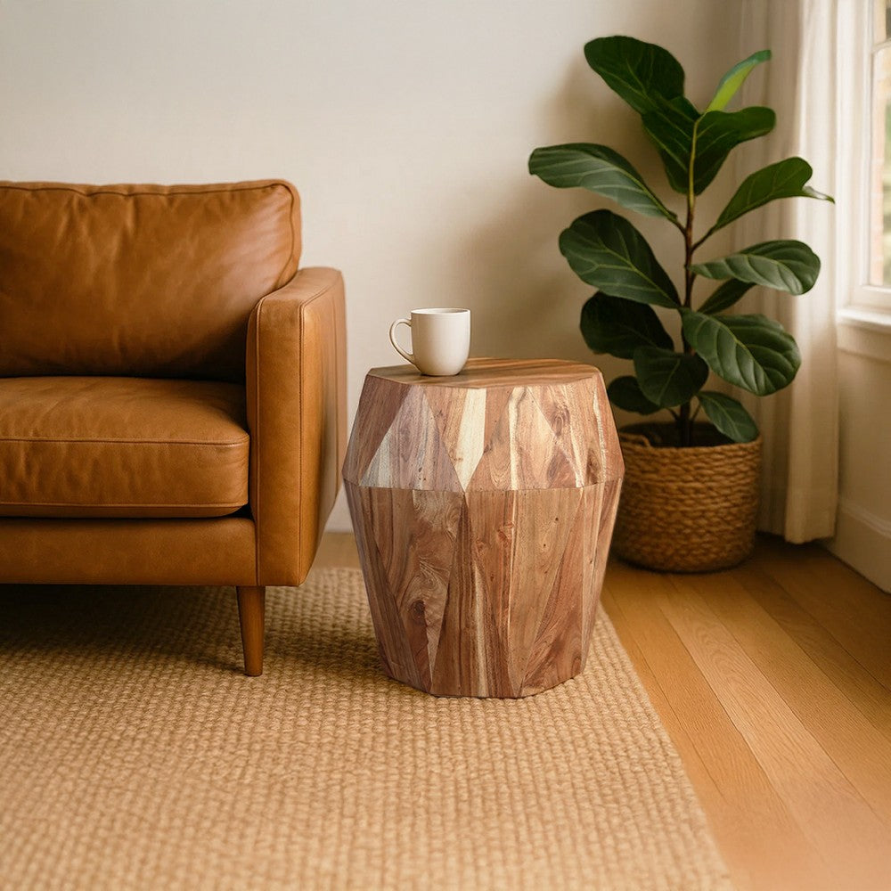 Bon 22 Inch Artisanal End Side Table Multifaceted Solid Acacia Wood Octagon Top Natural Brown By The Urban Port UPT-238449