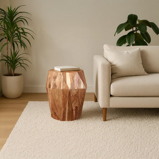 Bon 22 Inch Artisanal End Side Table, Multifaceted Solid Acacia Wood, Octagon Top, Natural Brown By The Urban Port