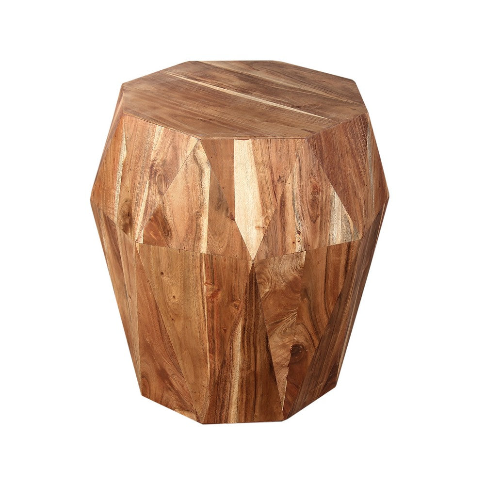 Bon 22 Inch Artisanal End Side Table Multifaceted Solid Acacia Wood Octagon Top Natural Brown By The Urban Port UPT-238449