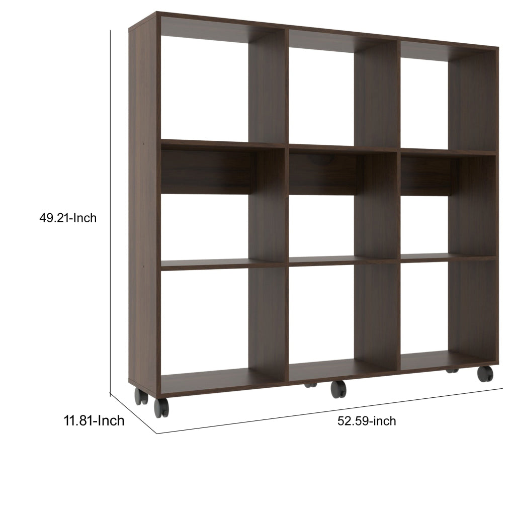 49 Inch Handcrafted Classic Wood Bookcase 9 Open Compartments Caster Wheels Espresso Brown By The Urban Port UPT-242343