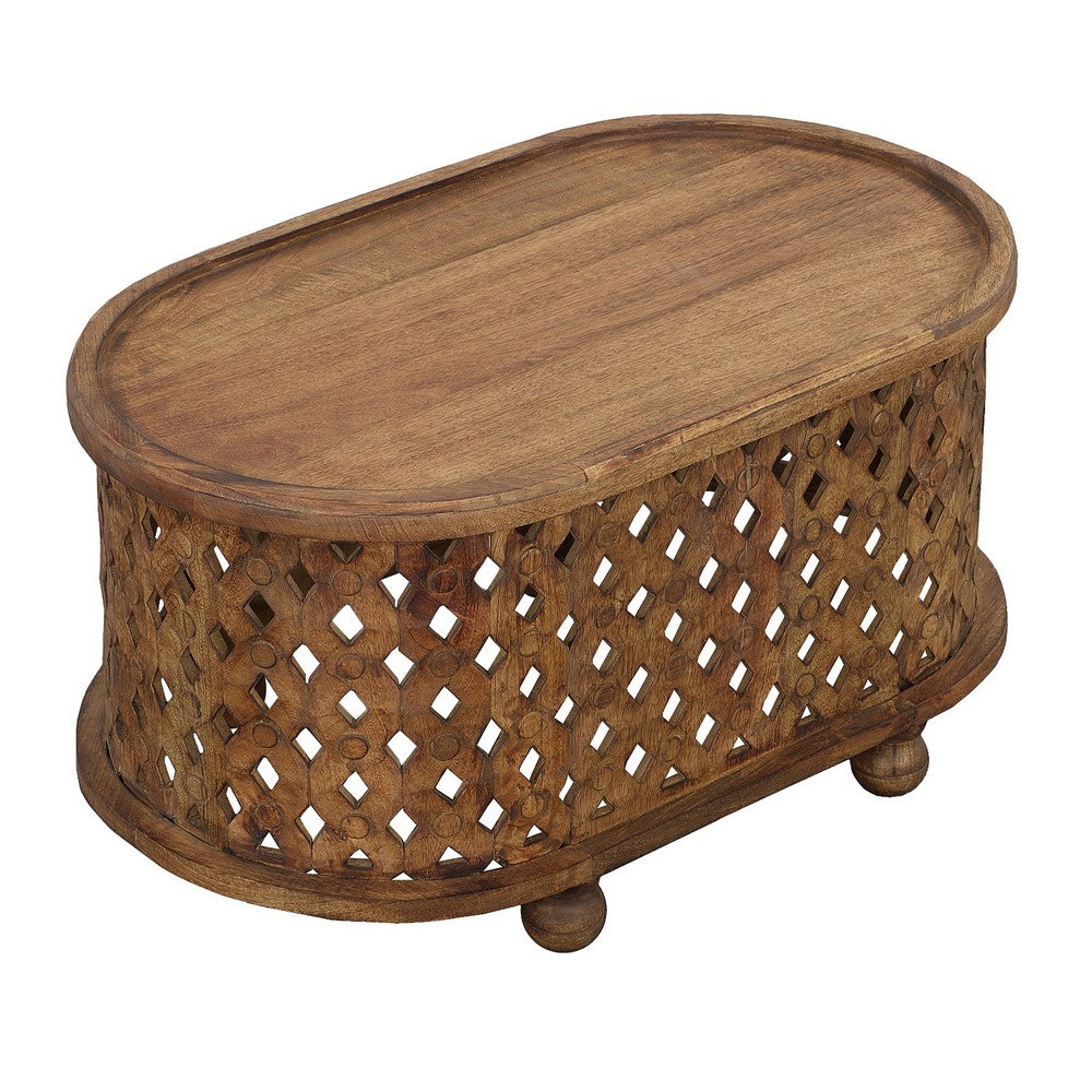36 Inch Handcrafted Oval Coffee Table, Intricate Cutout Design, Antique Brown By The Urban Port