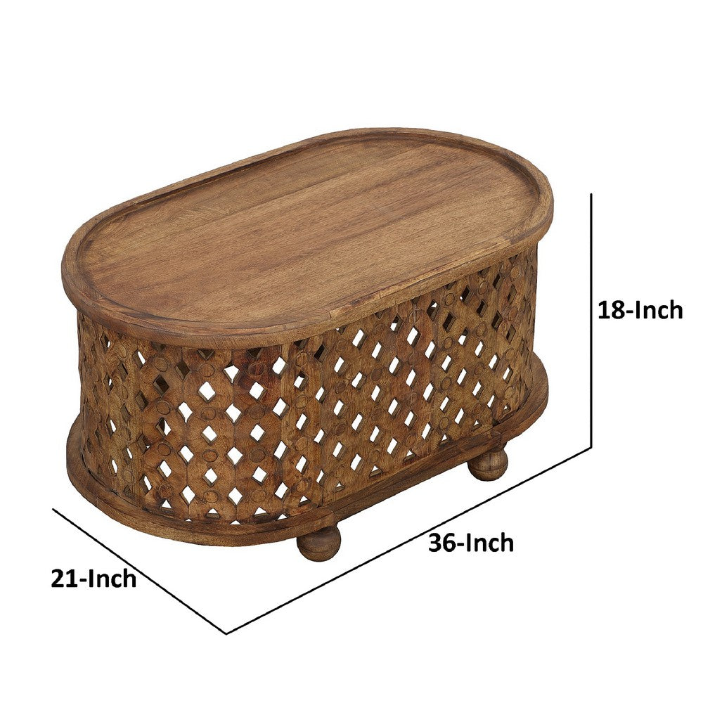 36 Inch Handcrafted Oval Coffee Table, Intricate Cutout Design, Antique Brown By The Urban Port