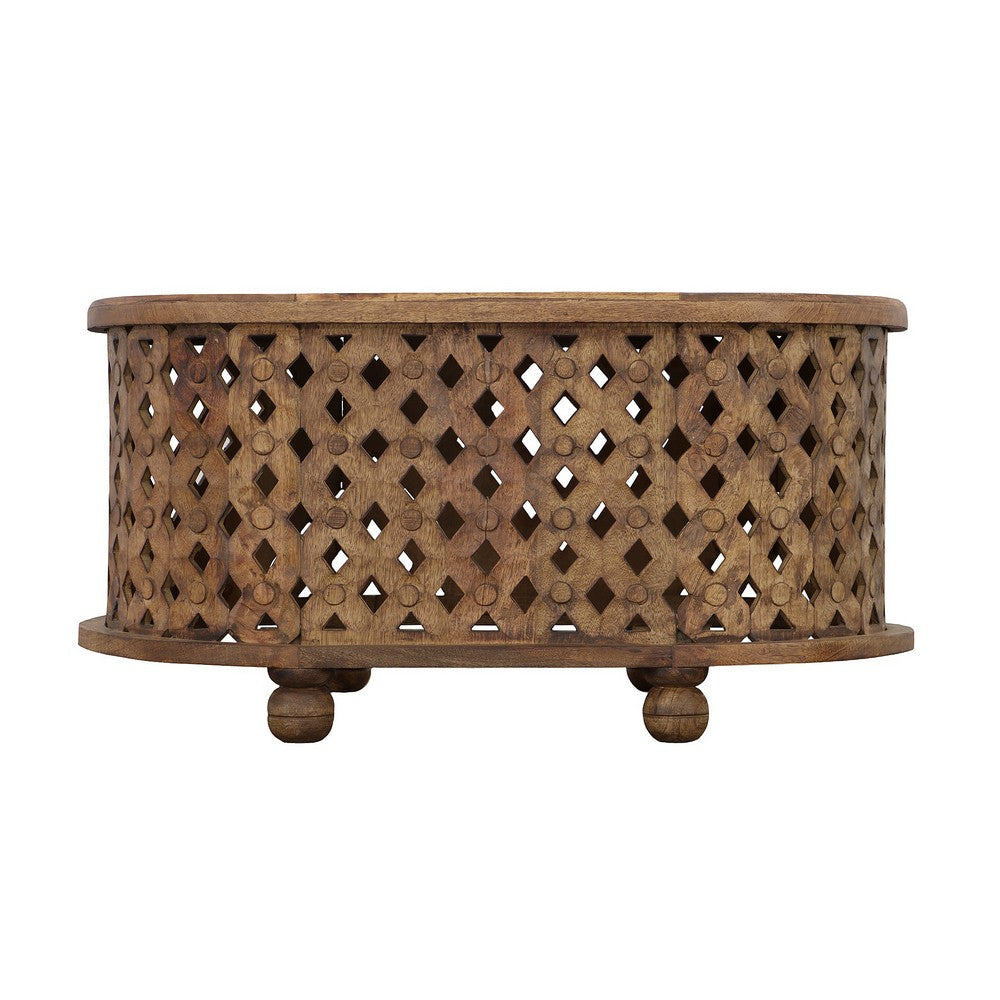 36 Inch Handcrafted Oval Coffee Table, Intricate Cutout Design, Antique Brown By The Urban Port