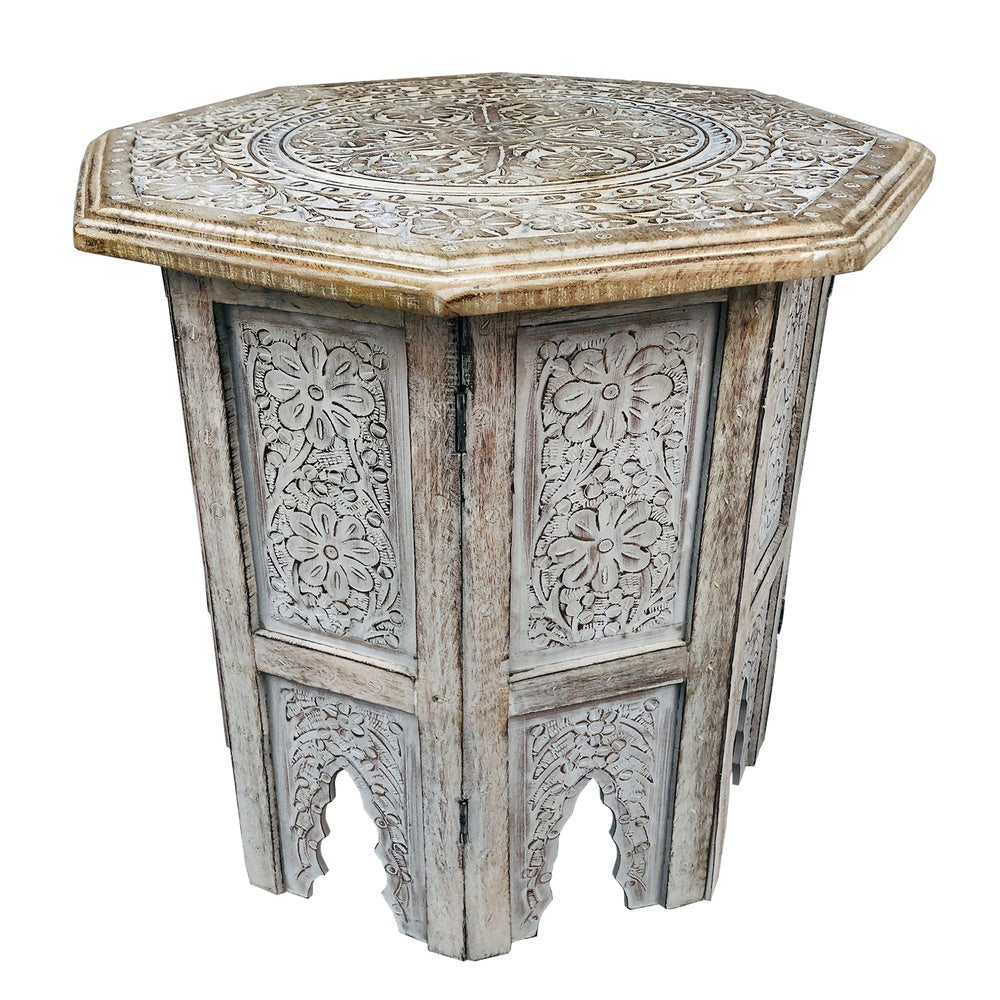 Olta Side Table, Hand Carved Cutout Moroccan Design, Octagonal Top, Whitewash Mango Wood By The Urban Port