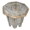 Olta Side Table, Hand Carved Cutout Moroccan Design, Octagonal Top, Whitewash Mango Wood By The Urban Port