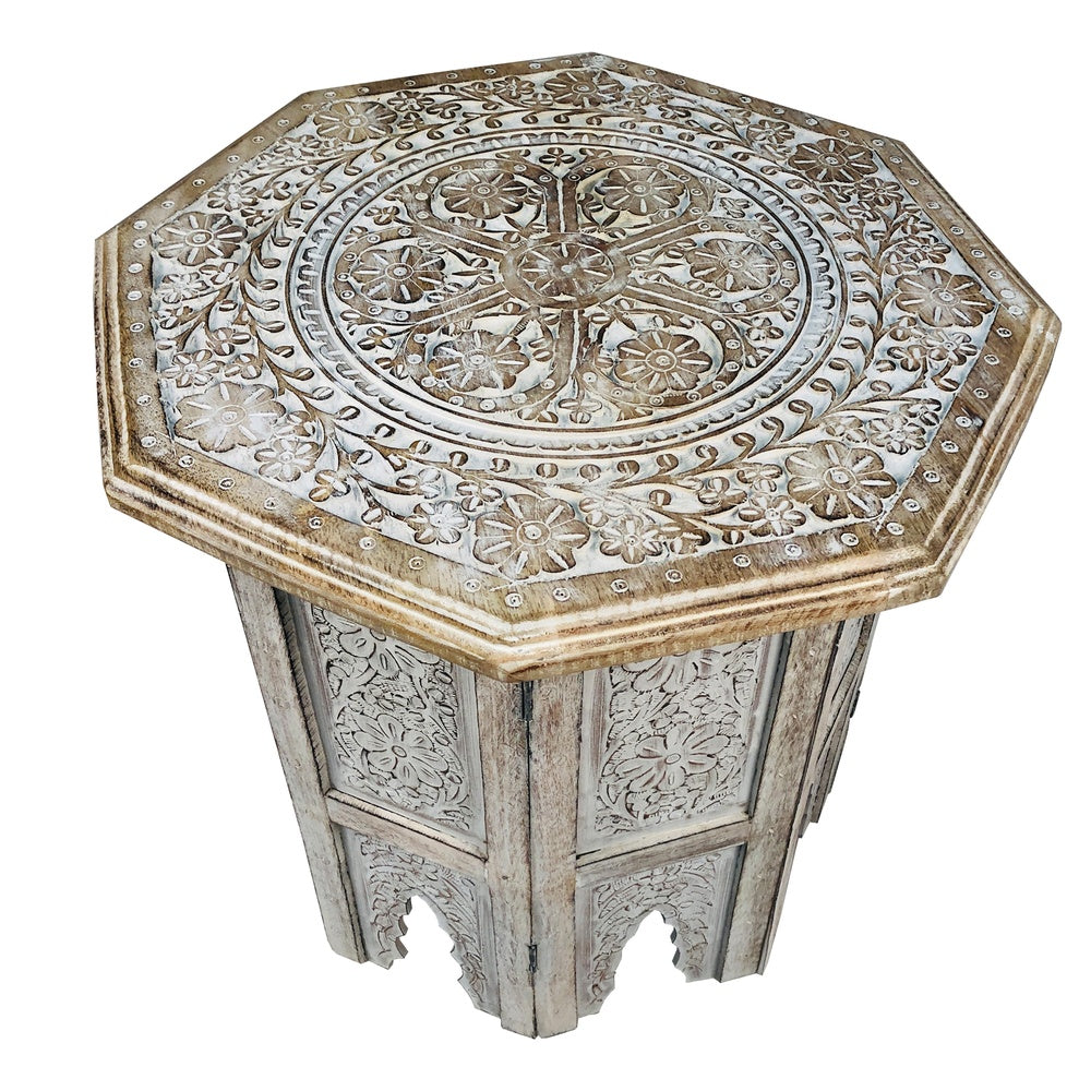 Olta Side Table, Hand Carved Cutout Moroccan Design, Octagonal Top, Whitewash Mango Wood By The Urban Port