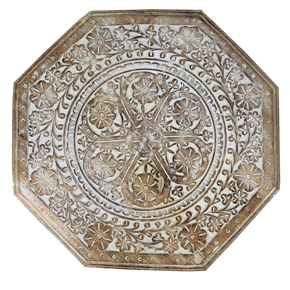 Olta Side Table, Hand Carved Cutout Moroccan Design, Octagonal Top, Whitewash Mango Wood By The Urban Port