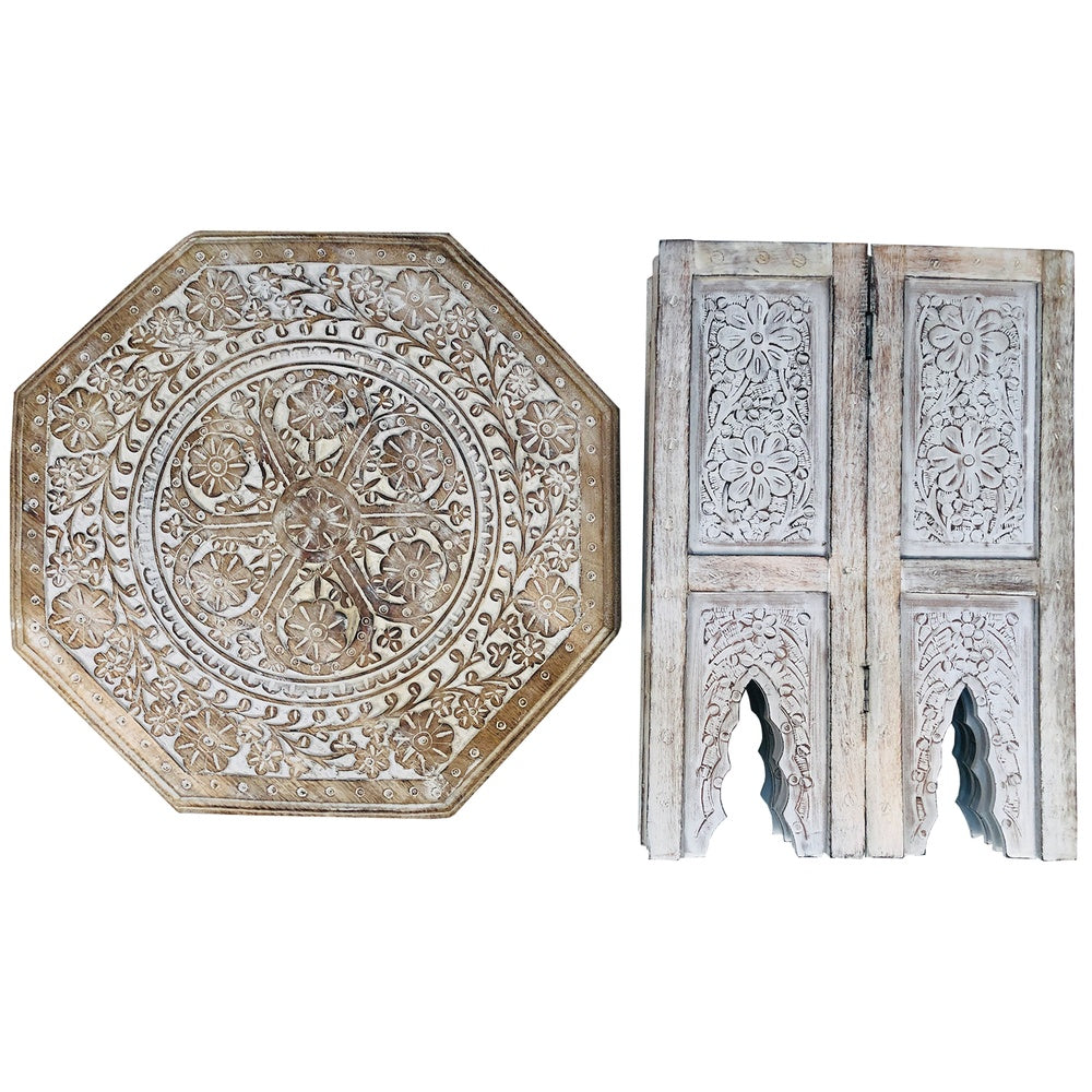 Olta Side Table, Hand Carved Cutout Moroccan Design, Octagonal Top, Whitewash Mango Wood By The Urban Port