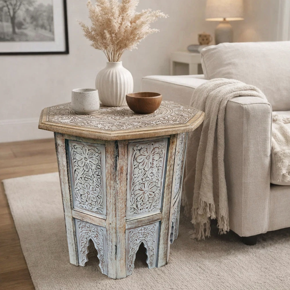 Olta Side Table, Hand Carved Cutout Moroccan Design, Octagonal Top, Whitewash Mango Wood By The Urban Port