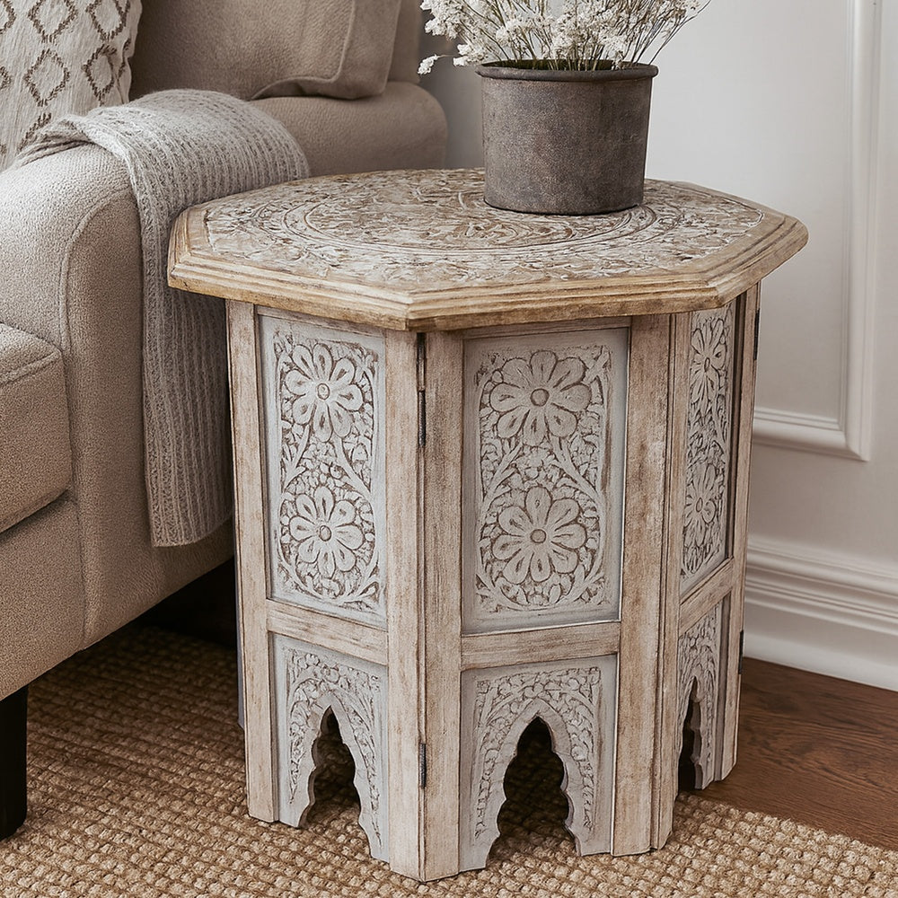 Olta Side Table, Hand Carved Cutout Moroccan Design, Octagonal Top, Whitewash Mango Wood By The Urban Port