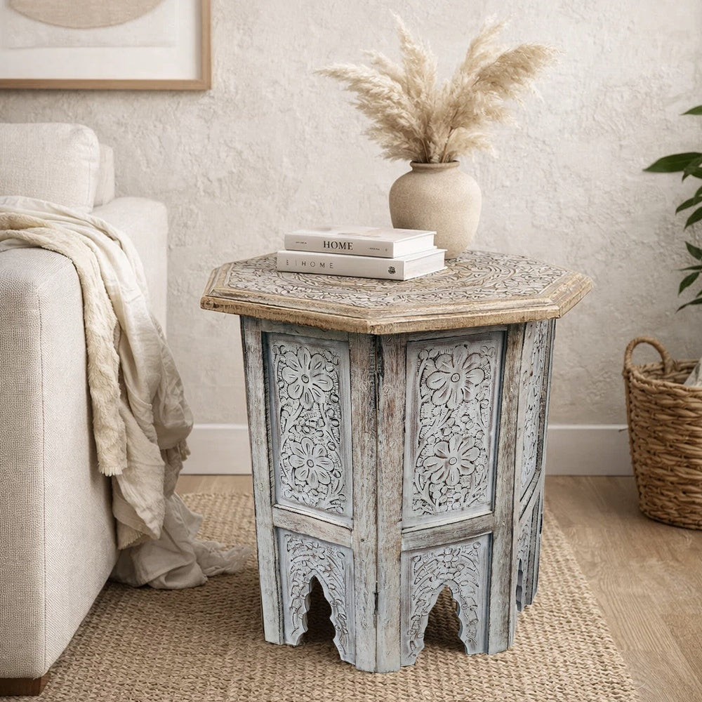 Olta Side Table, Hand Carved Cutout Moroccan Design, Octagonal Top, Whitewash Mango Wood By The Urban Port