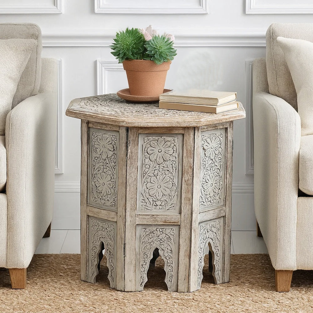 Olta Side Table, Hand Carved Cutout Moroccan Design, Octagonal Top, Whitewash Mango Wood By The Urban Port