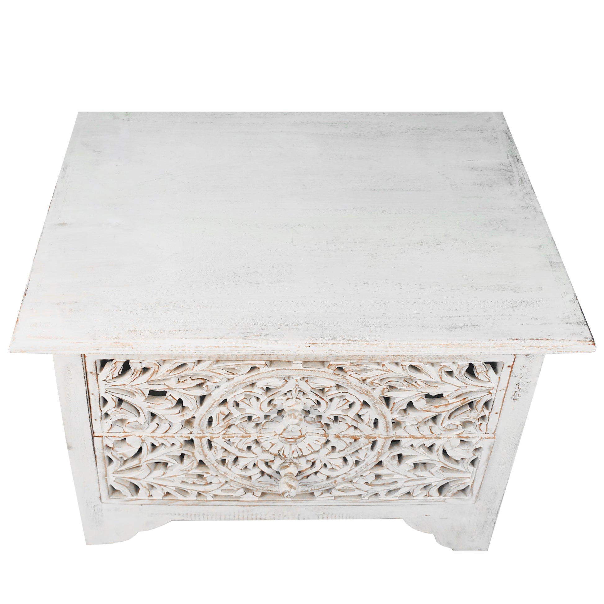 Olta 24 Inch Handcrafted Mango Wood Nightstand Side Table 2 Drawers Floral Carved Cut Out Design Antique White By The Urban Port UPT-248138