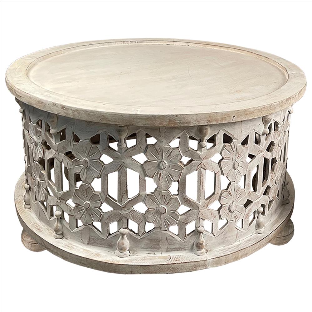 30 Inch Round 2 Piece Wood Coffee Table Set, Carved Floral Design, Antique White By The Urban Port