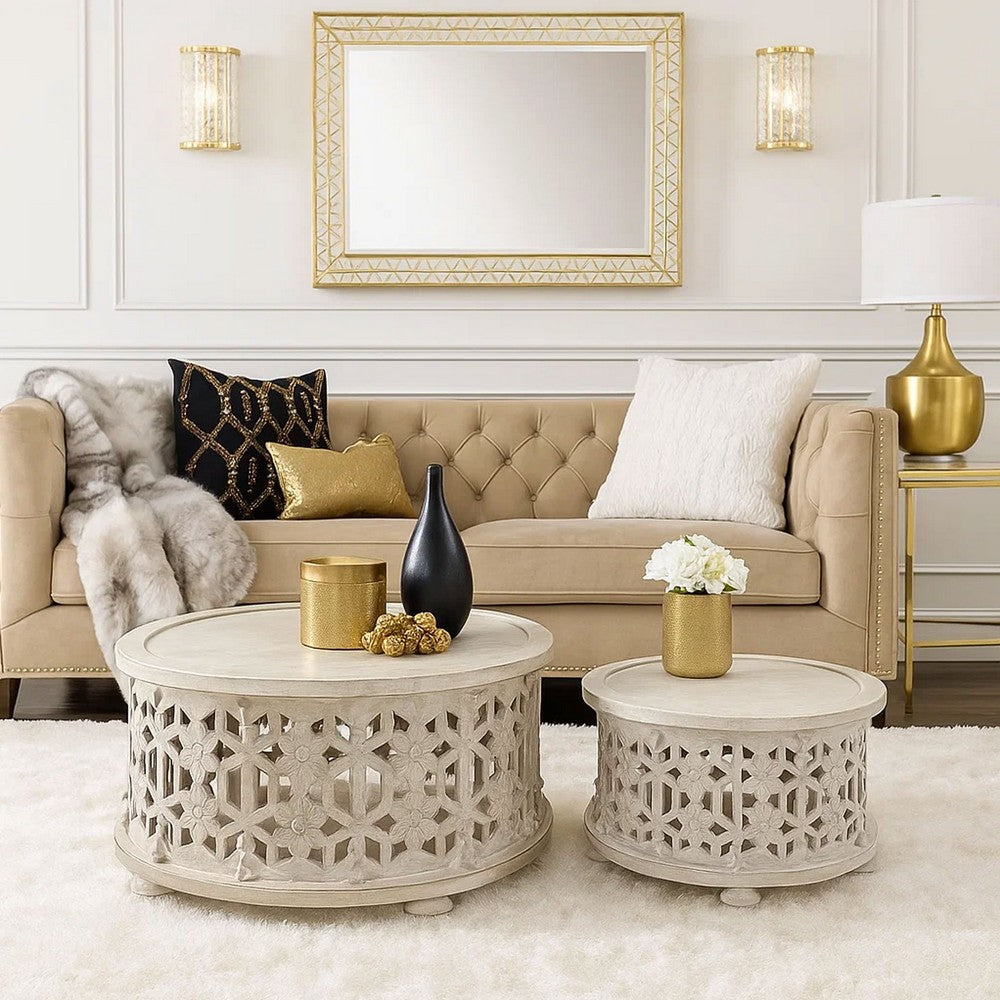 30 Inch Round 2 Piece Wood Coffee Table Set, Carved Floral Design, Antique White By The Urban Port