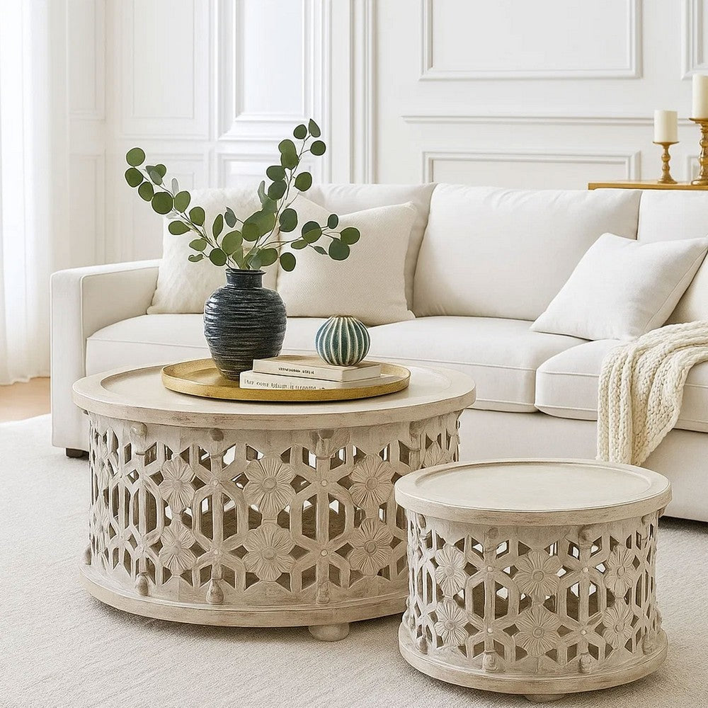 30 Inch Round 2 Piece Wood Coffee Table Set, Carved Floral Design, Antique White By The Urban Port