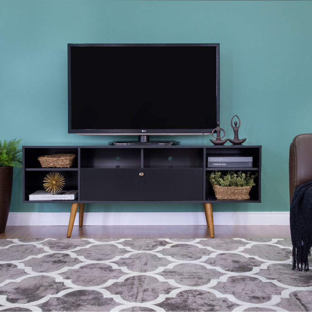 63 Inch TV Entertainment Media console with Drop Down Cabinet, Black, Brown By The Urban Port