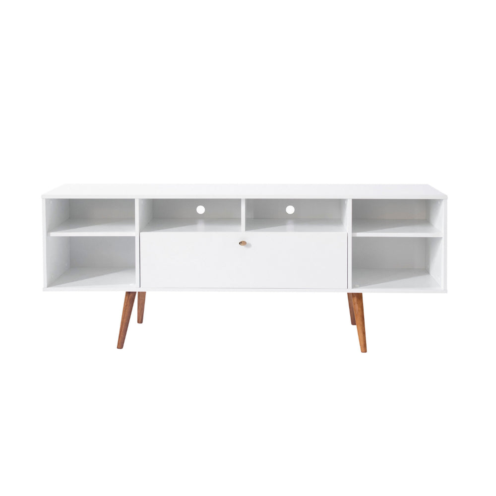 Reece 63 Inch Handcrafted Modern Wood TV Media Entertainment Console Drop Down Storage 2 Tone Brown Legs White By The Urban Port UPT-262093