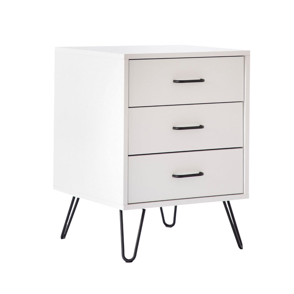 Harper 24 Inch Handcrafted Modern Wood Nightstand 3 Drawers Metal Hairpin Legs White By The Urban Port UPT-262099