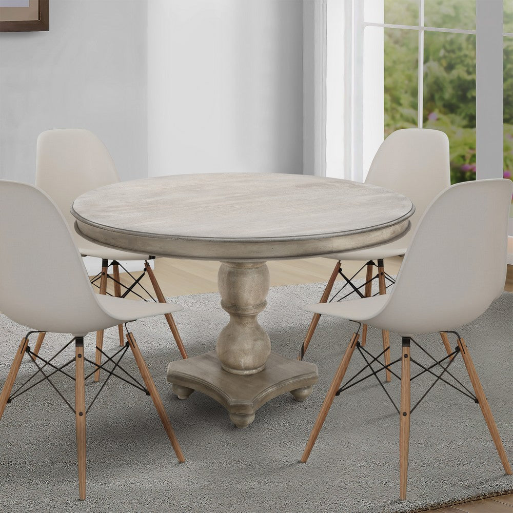 42 Inch Handcrafted Mango Wood Dining Table, Pedestal Base, Round Molded Top, Washed White, Gray By The Urban Port