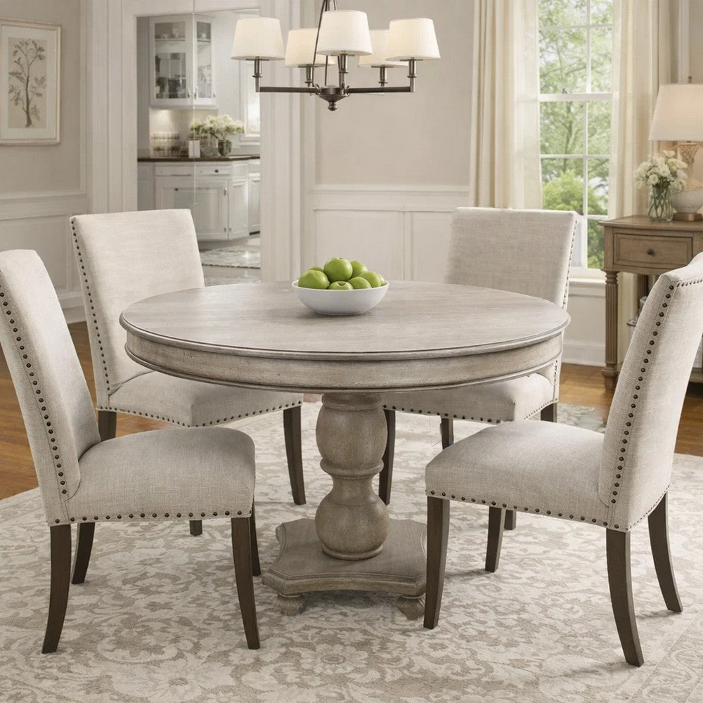42 Inch Handcrafted Mango Wood Dining Table, Pedestal Base, Round Molded Top, Washed White, Gray By The Urban Port