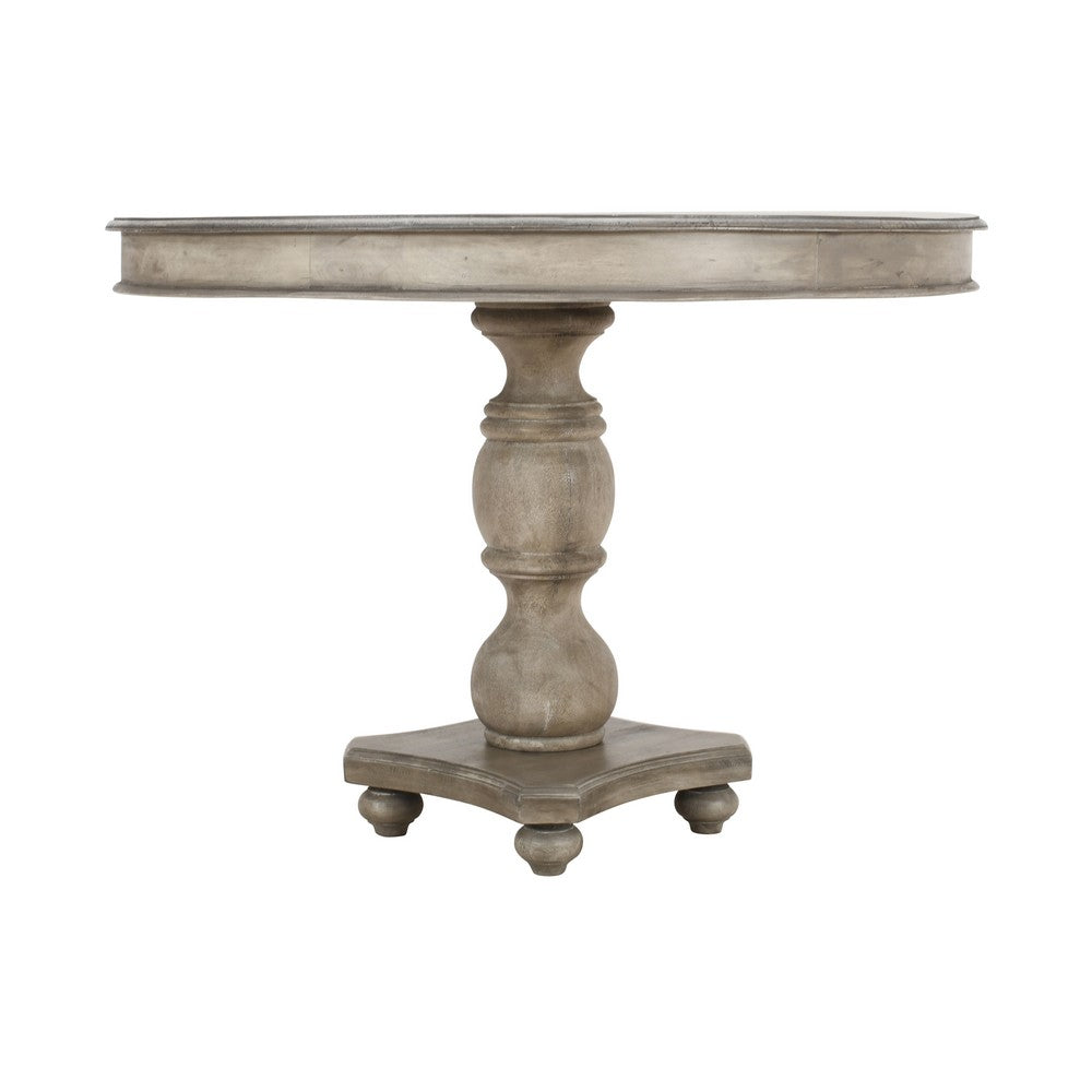 42 Inch Handcrafted Mango Wood Dining Table, Pedestal Base, Round Molded Top, Washed White, Gray By The Urban Port