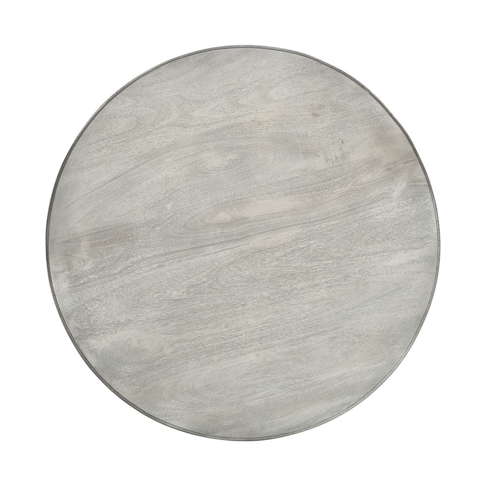 42 Inch Handcrafted Mango Wood Dining Table, Pedestal Base, Round Molded Top, Washed White, Gray By The Urban Port