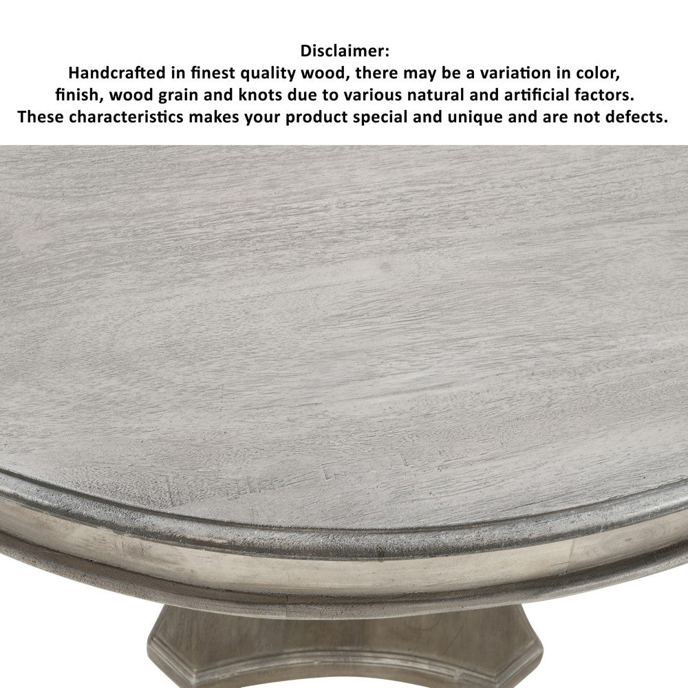 42 Inch Handcrafted Mango Wood Dining Table, Pedestal Base, Round Molded Top, Washed White, Gray By The Urban Port