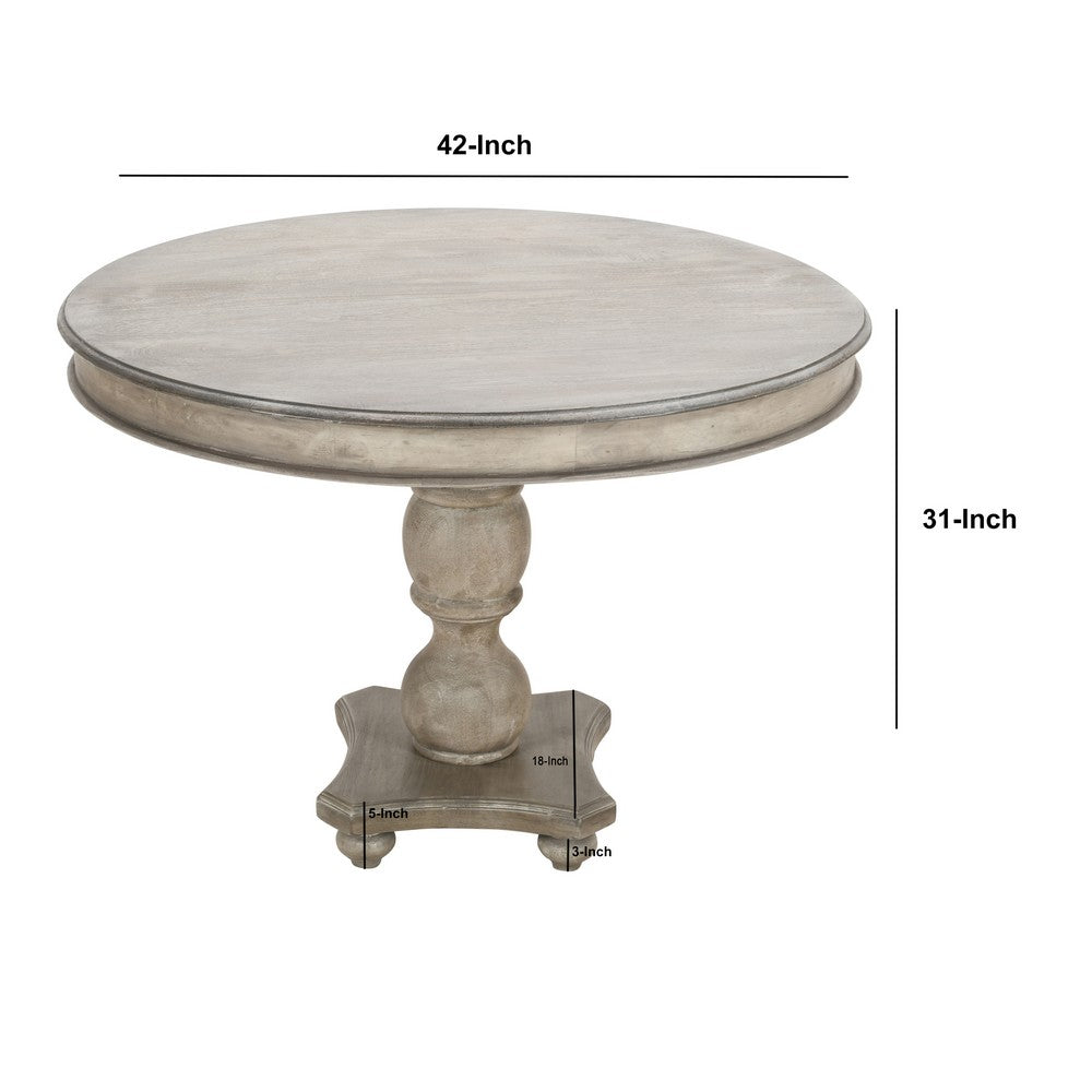 42 Inch Handcrafted Mango Wood Dining Table, Pedestal Base, Round Molded Top, Washed White, Gray By The Urban Port