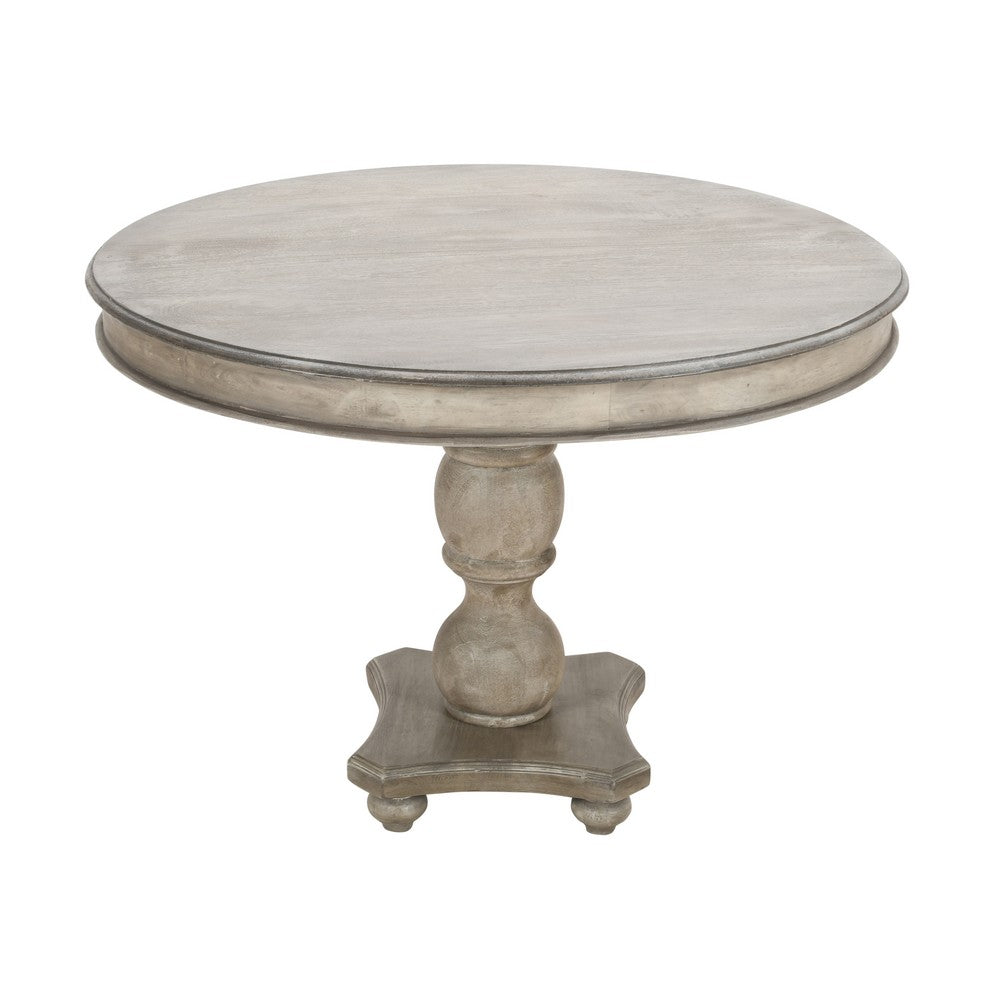 42 Inch Handcrafted Mango Wood Dining Table, Pedestal Base, Round Molded Top, Washed White, Gray By The Urban Port