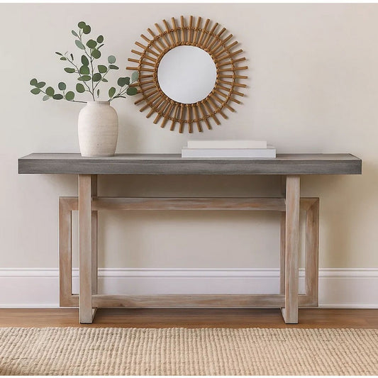 59 Inch Artisan Sideboard Console Table with Geometric Interlocked Base, Distressed Matte Gray By The Urban Port