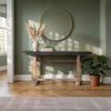 59 Inch Artisan Sideboard Console Table with Geometric Interlocked Base, Distressed Matte Gray By The Urban Port