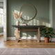 59 Inch Artisan Sideboard Console Table with Geometric Interlocked Base, Distressed Matte Gray By The Urban Port