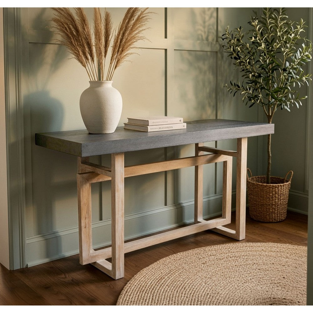59 Inch Artisan Sideboard Console Table with Geometric Interlocked Base, Distressed Matte Gray By The Urban Port