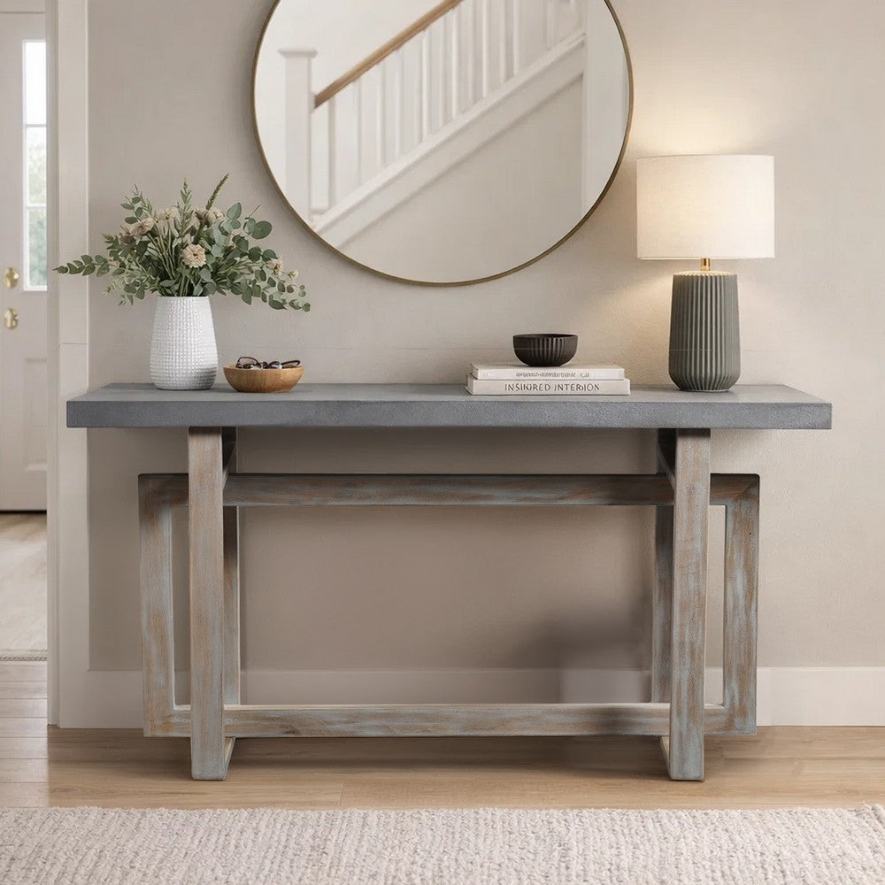 59 Inch Artisan Sideboard Console Table with Geometric Interlocked Base, Distressed Matte Gray By The Urban Port