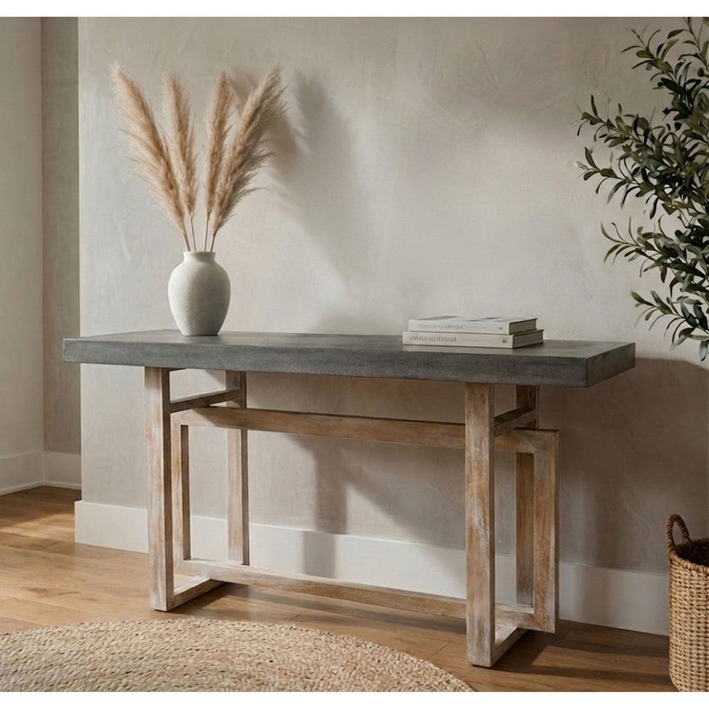 59 Inch Artisan Sideboard Console Table with Geometric Interlocked Base, Distressed Matte Gray By The Urban Port