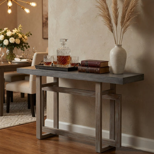 59 Inch Artisan Sideboard Console Table with Geometric Interlocked Base, Distressed Matte Gray By The Urban Port
