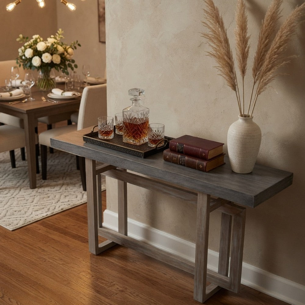 59 Inch Artisan Sideboard Console Table with Geometric Interlocked Base, Distressed Matte Gray By The Urban Port