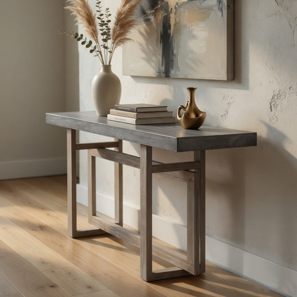 59 Inch Artisan Sideboard Console Table with Geometric Interlocked Base, Distressed Matte Gray By The Urban Port