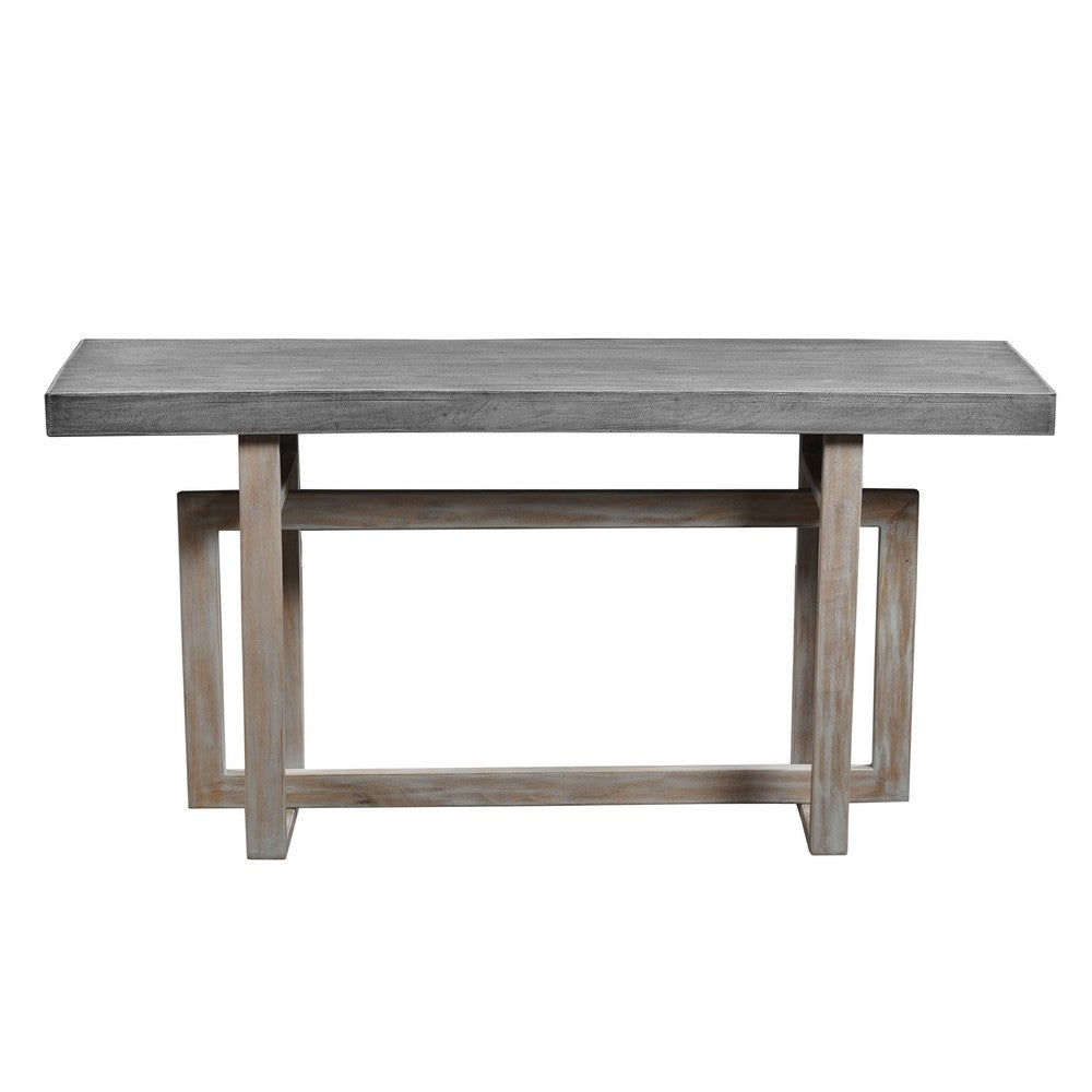 59 Inch Artisan Sideboard Console Table with Geometric Interlocked Base, Distressed Matte Gray By The Urban Port