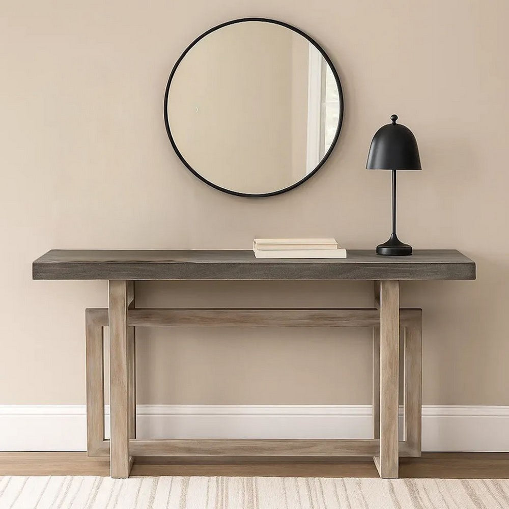 59 Inch Artisan Sideboard Console Table with Geometric Interlocked Base, Distressed Matte Gray By The Urban Port