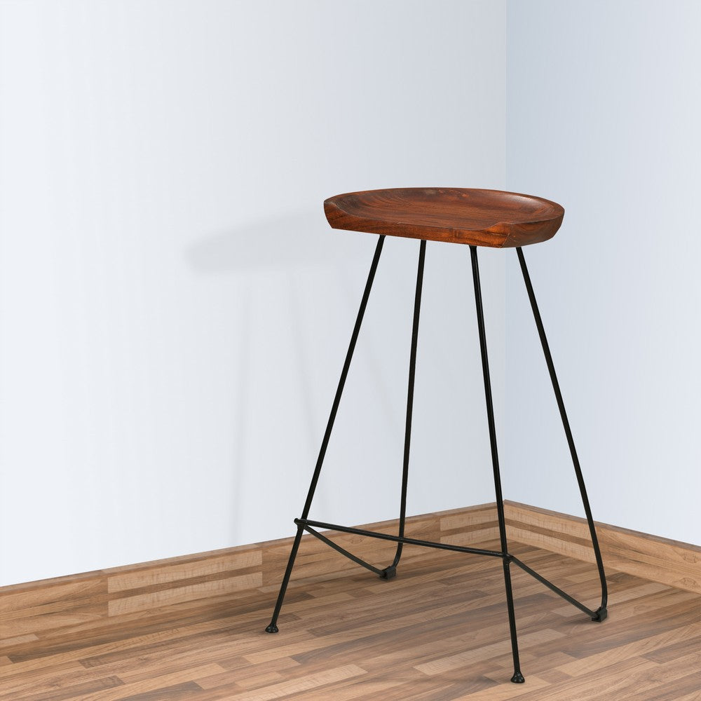 Counter Height Barstool with Wooden Seat and Tubular Metal Frame Dark Brown and Black By The Urban Port UPT-263266