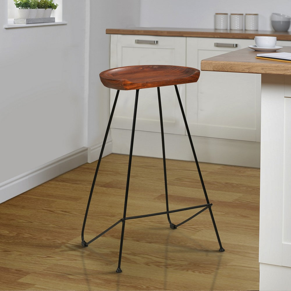 Counter Height Barstool with Wooden Seat and Tubular Metal Frame, Dark Brown and Black By The Urban Port