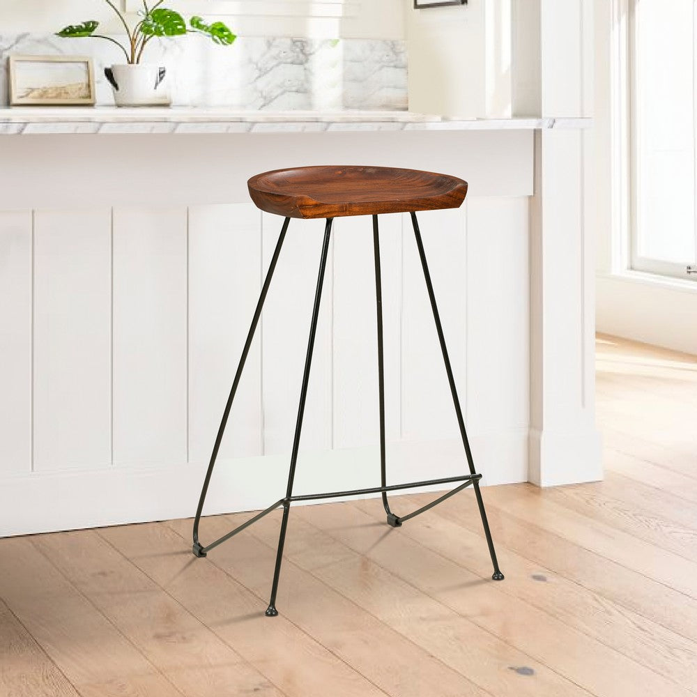 Counter Height Barstool with Wooden Seat and Tubular Metal Frame Dark Brown and Black By The Urban Port UPT-263266