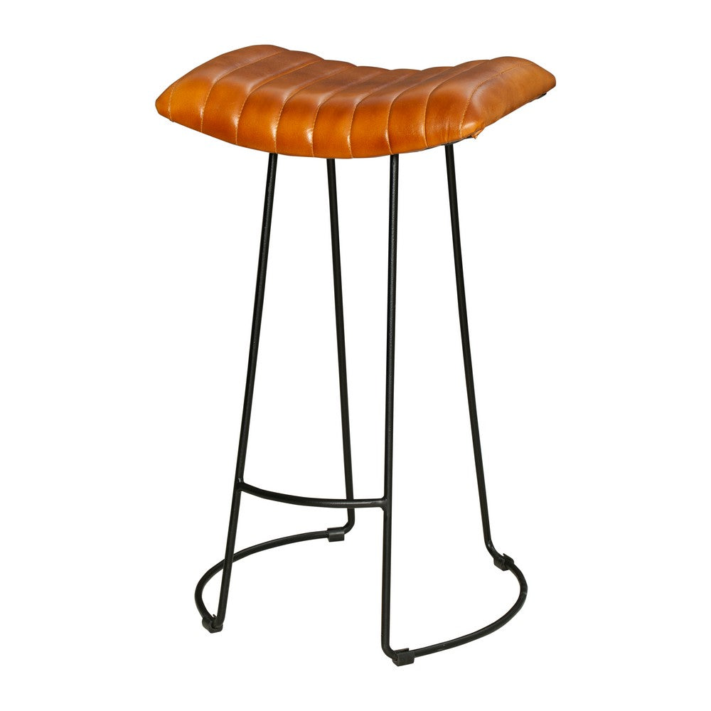 Industrial Barstool with Curved Genuine Leather Seat and Tubular Frame Tan Brown and Black By The Urban Port UPT-263270