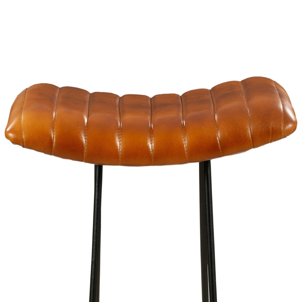 Industrial Barstool with Curved Genuine Leather Seat and Tubular Frame Tan Brown and Black By The Urban Port UPT-263270