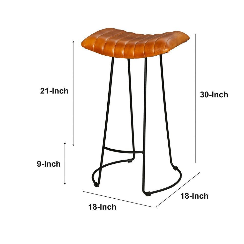 Industrial Barstool with Curved Genuine Leather Seat and Tubular Frame Tan Brown and Black By The Urban Port UPT-263270