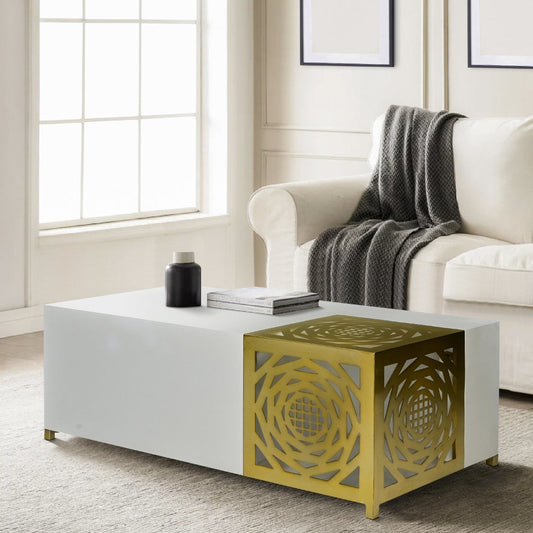 48 Inch Rectangular Modern Coffee Table with Geometric Cut Out Design, White and Brass By The Urban Port