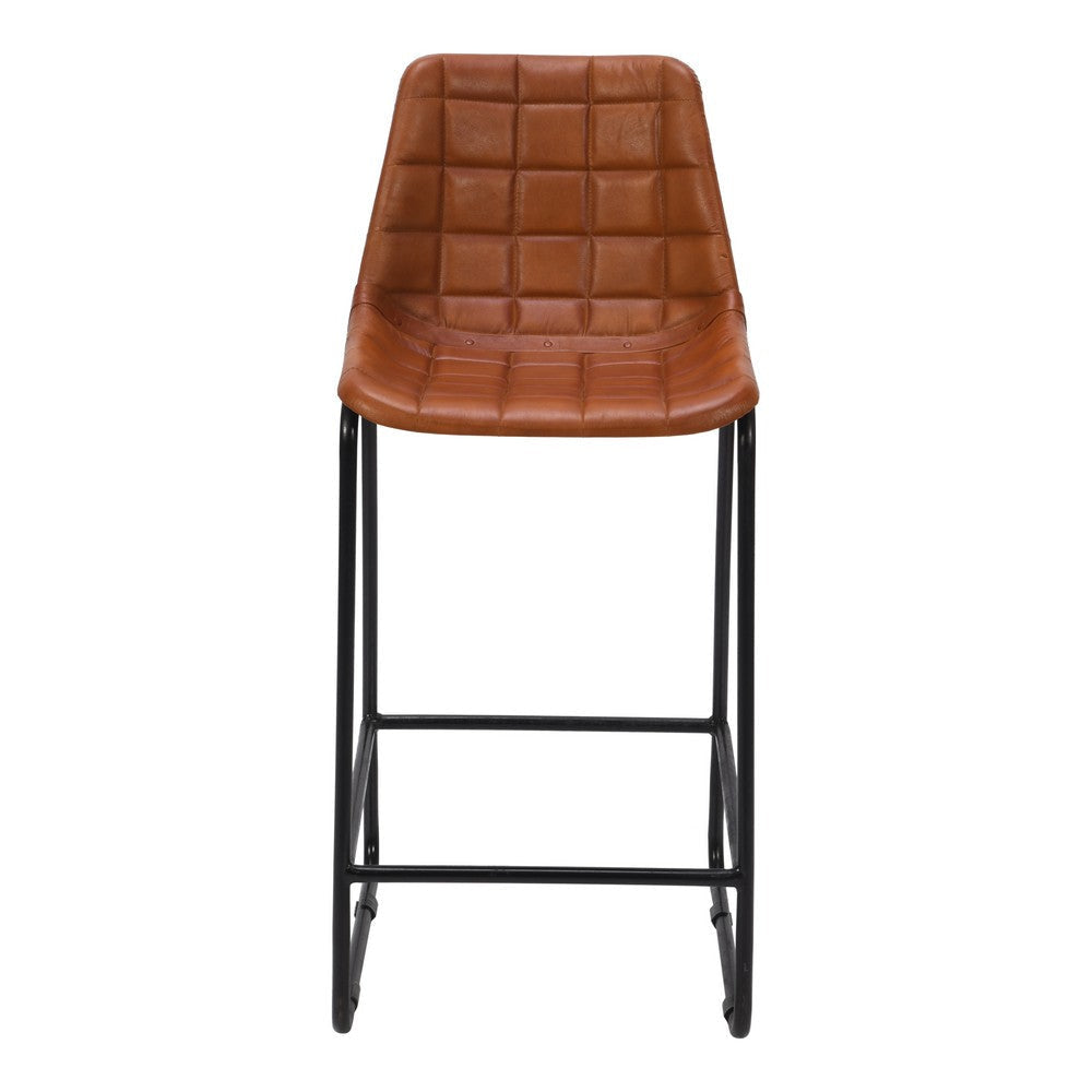 29 Inch Bar Height Chair Square Tufted Genuine Leather Seat Metal Frame Tan Brown Black By The Urban Port UPT-263781