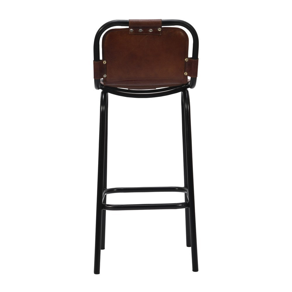 31 Inch Bar Height Chair Genuine Leather Upholstery Metal Frame Brown Black By The Urban Port UPT-263783